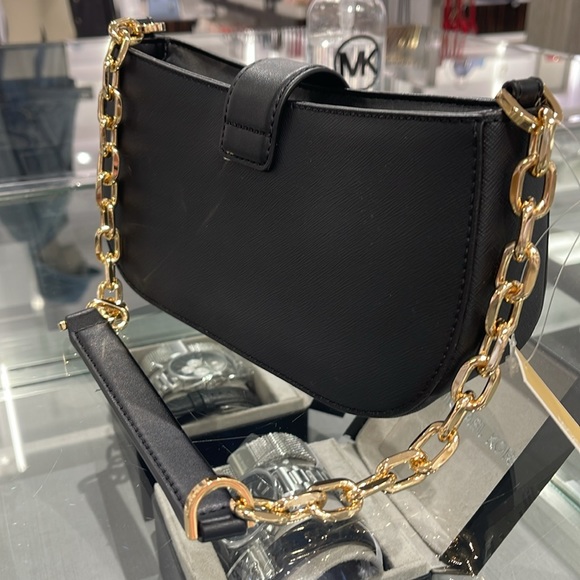 MICHAEL KORS CARMEN SMALL POUCHETTE SHOULDER CHAIN BAG BLACK/GOLD TONED HARDWARE - Picture 15 of 16